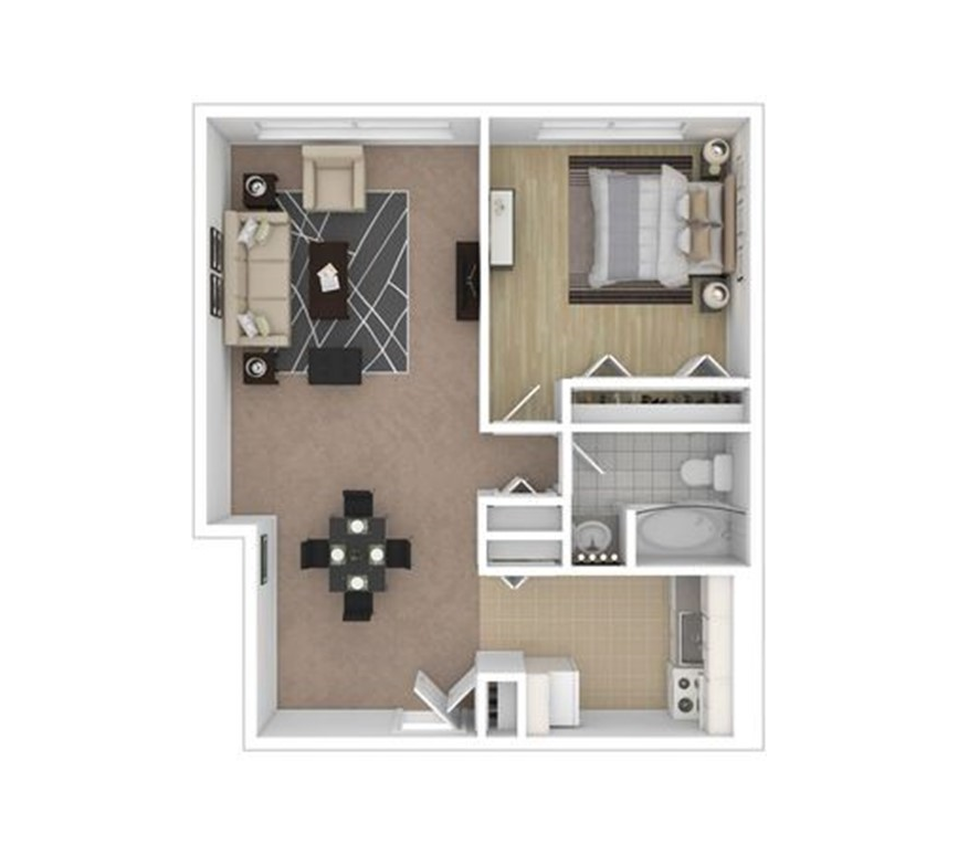 Floor plan for 1 bed, 1 bath, 635 sqft